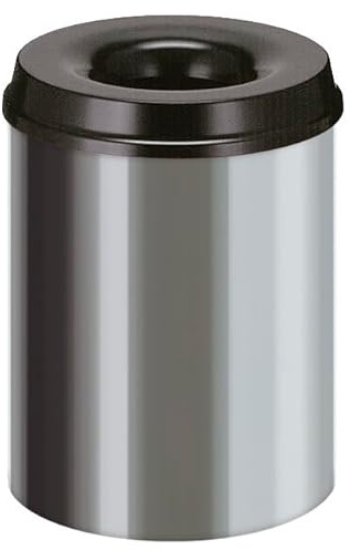 PROREGAL Selbstlöschender Papierkorb & Abfallsammler aus Edelstahl | 15 Liter, HxØ 36x25,5cm | Silber, Kopfteil Schwarz