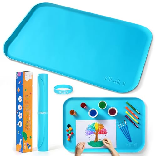 AtMini Silicone Mats for Crafts, Sand Art, Paint, Resin, Handmade Jewelry, Draw, Multipurpose Table Mat with Raised Edges to Keep Clean, 24¡Á16 Mat (Blue)