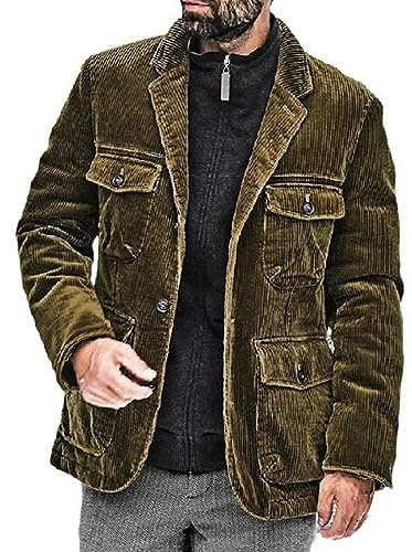 HanzhuoLG Cappotto Da Giacca In Velluto a Coste Monopetto Alla Moda Da Uomo Con Risvolto In Tinta Unita e Design Multitasche verde militare L