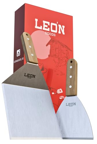 LEÓN Goods® : Grillspachtel Set mit Buchenholz-Griff [Edelstahl] Plancha Spachtel und Grillplatten Zubehör. Grill Spachtel für Smash Burger, Fisch, Steaks uvm - rostfrei. (2-TLG.)