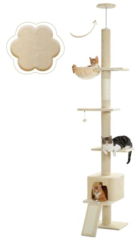 PAWZ Road Kratzbaum deckenhoch, Katzenbaum vom Boden bis zur Decke verstellbar, höhenverstellbar (216-273cm), Katzenturm mit Hängematte und Katzenhöhle, Anti-Sturzgurt Beige