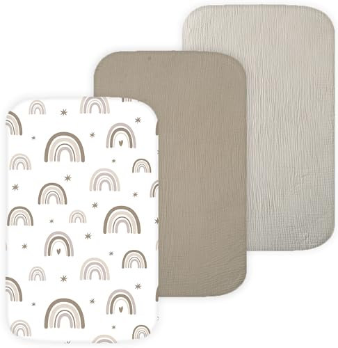 TansyPanda Musselin-Bettlaken, kompatibel mit Mika Micky, Ronbei, Papablic Baby-Nachttisch von TansyPanda, 3er-Pack, 48,3 x 81,3 cm, ultraweich, atmungsaktiv und eng anliegend, Unisex, Jungen und