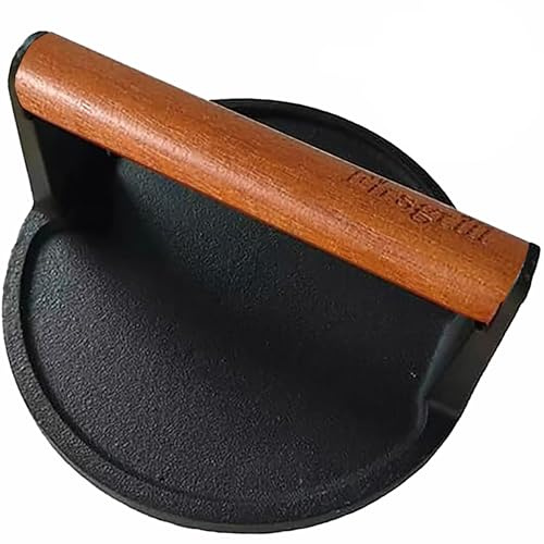 Firsgrill Burger Press 6.6 Round Heavy-Duty Cast Iron Smash Meat Steak with Wood Handle for Blackstone Weber Treager Griddle Grills (YPX) (Flate 6.5 Round)