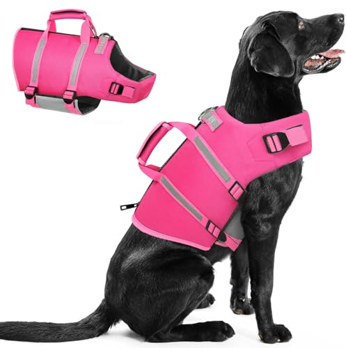 Queenmore Small Dog Life Jacket - Adjustable Reflective Lifesaver Vest with Back Zip, Rescue Handle, Leash Hook (Fuchsia S)