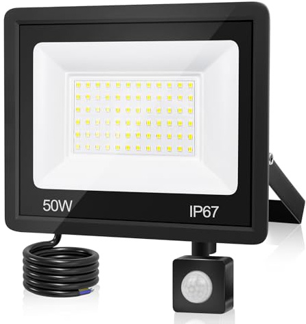VRFMALIY 50W LED Strahler mit Bewegungsmelder Außen,5000LM LED Fluter Außen,7000K Kaltweiß Superhell Scheinwerfer, IP67 Wasserdicht Scheinwerfer für Garten, Innenhöfe, Garage, Haus