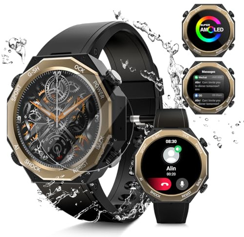 Rogbid Smartwatch Herren mit Telefonfunktion 1.45 AMOLED Großes Display Militär Smartwatch Herzfrequenzmonitor Schlafmonitor Schrittzähler IP68 Wasserdicht Outdoor Uhren für iOS Android