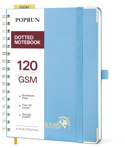 POPRUN Cahier Spirale Pointillé A5 Carnet de Notes 120 g/m², Bleu Brume