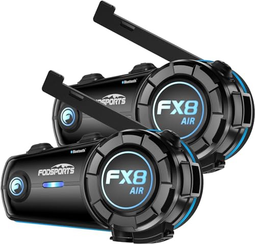Fodsports FX8 AIR Motorrad Headset, Motorrad Intercom für bis zu 6 Motorräder mit 1500m Reichweite, AUX-Kabel unterstützt Audio-Mixing, Musik-Sharing,3 Soundeffekte, FM Radio, 2PACK