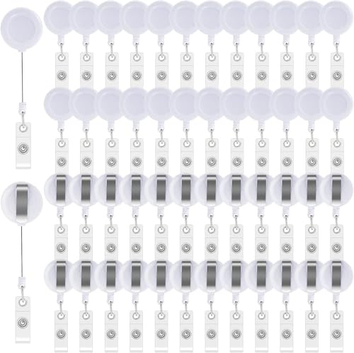 Lot de 50 bobines de badge rétractables avec clip de ceinture – Porte-badge pour accrocher une carte d'identité – Médecin, infirmière, enseignant, étudiants, employés de bureau (blanc)