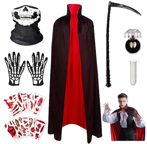 Yi'antai Capa de Vampiro de Halloween, Disfraz de Diablo, Disfraces de Halloween, Capa para Adultos con Hoz de la Muerte, Guantes de Esqueleto, Pegatinas Cicatriciales (C)