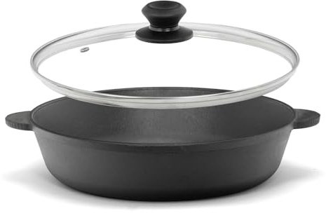 Sartén de hierro fundido de 26 cm de diámetro con tapa de cristal, sartén de hierro fundido, sartén para servir, cazuela, dos asas, sartén para todo tipo de cocinas, fogatas, hornos, parrilla de gas