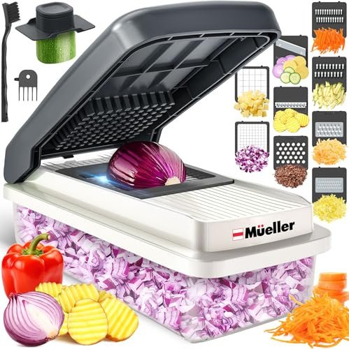 Mueller Vegetable Chopper Mandoline Slicer, Food Veggie Chopper, Cheese Grater, Onion Vegetable Cutter with Container, Dicer, Kitchen Gadgets & Essentials, White Sand/Grey