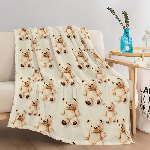 Kuscheldecke Tiere Bär Spielzeug Beige 150 x 200 cm, Extra Weiche Bedrucktes Flauschige Flanell-Fleecedecke,mit Teddy Motiv Niedlich, Wärme Alle Jahreszeiten Kuscheldecke für Bett Sofa Büro Reisen