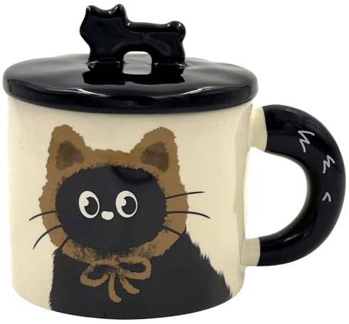 BIcoog Keramik Tasse Abdeckung mit Deckel Keramik Kaffee Tasse Teetasse Büro und Home Health Geschenk Schwarz Cartoon Katze Muster Nett 400ml Braun