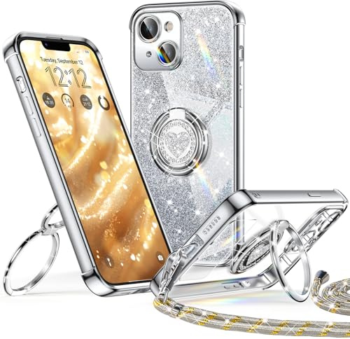 XYZ für iPhone 13 Hülle mit Band, Herzen Doppelring Ständer | Luxus Glitzer HandyHülle Kameraschutz, Frauen Stoßfest Elektroplattiert Case Soft TPU SchutzHülle Clear, Silber