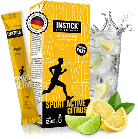 INSTICK Sport Active Citrus – Elektrolyte Pulver, Instant Fitness & Sport Getränk – 12×0,5 L – Zuckerfrei, kalorienarm, mit Vitaminen – vegan