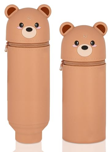 Veftsvy Federmäppchen, 2-in-1 Silikon Federmäppchen, Federmäppchen aus Weichem Silikon mit Teißverschluss, Cartoon Federmappe und Stiftehalter für Jungen und Mädchen (Braunbär)