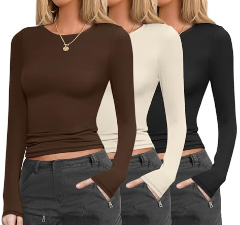 Ekouaer Womens Long Sleeve Shirts Fitted Tops Crew Neck Base Layering Tight Thermal Undershirts 3 Pack, S-XXL