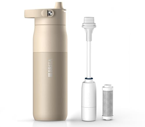 BRITA LARQ Essential Filter Trinkflasche mit Strohhalm beige (680 ml) | Edelstahl Wasser-Flasche, doppelwandige Isolierung (24h kalt), Aktivkohle Wasserfilter, filtert PFAS, Chlor & mehr