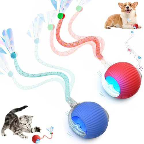 2 Packs Speed 2.0 Tail Interactive Cat Toys for Indoor Cats, Chirping & Motion Activate Cat Toy, Smart Kitten Rolling Ball Moving Ball Toys, Rechargeable Dog Cats Bal l for Enrichment Exercise