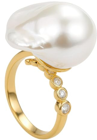 Amber Lollipop Baroque Collection, Freshwater Pearl Adjustable Statement Ring, Modern Aesthetic 14K Gold Plated Jewellery with Gift Box