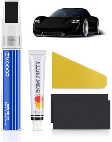 EVOOOR Negro Kit 2 en 1 para retoque de pintura de coche con masilla para carrocería – Solución rápida y fácil para reparar rayones y daños