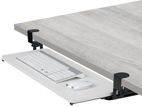 Relaxdays Extensor Escritorio, 65 x 24 cm, Plegable, con Pinzas, Bandeja Teclado Ergonómica, Efecto Madera, Blanco