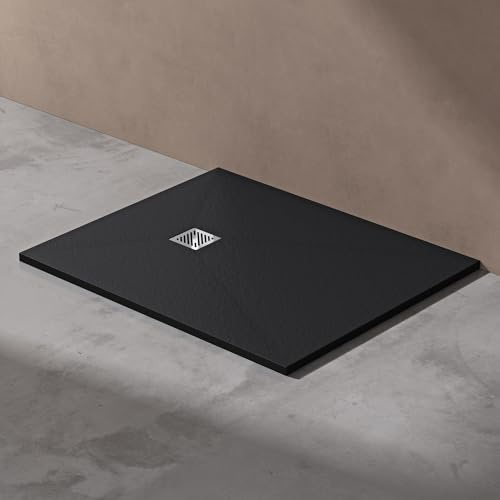 doporro Duschtasse 100x120x3cm aus Mineralguss in Anthrazit Ablaufgarnitur | Flache Rechteckig Duschwanne für bodenebene Montage mit DIN-Anschlüssen – stabil & pflegeleicht AL06 Geoma09