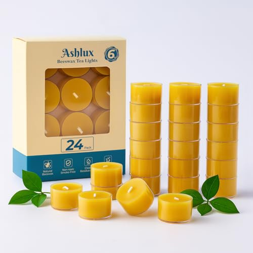 Ashlux 24 Velas de Té de Cera de Abeja Natural, Color Amarillo, 6 Horas de Combustión, Vaso Acrílico Transparente, Ideales para Navidad, Boda, Fiesta y Hogar