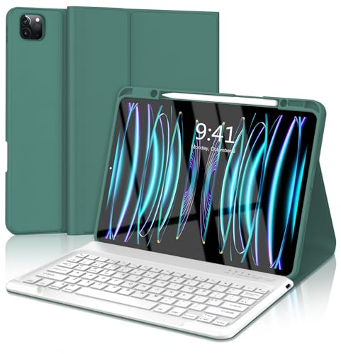 FOGARI for iPad Pro 12.9 6th/5th/4th/3rd Generation Keyboard Case - Wireless Bluetooth Detachable UK Layout Keyboard Folio Cover with Pencil Holder for iPad Pro 12.9 2022/2021/2020/2018, Dark Green
