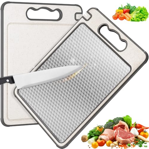 Tablas de Cortar Antibacteriano Acero Inoxidable con Mango, Utensilios Cocina Antideslizante Duradera & Higiénica, Cutting Board Resistente ArañAzos Multifuncional Doble Cara Para Pan Fruta y Verduras