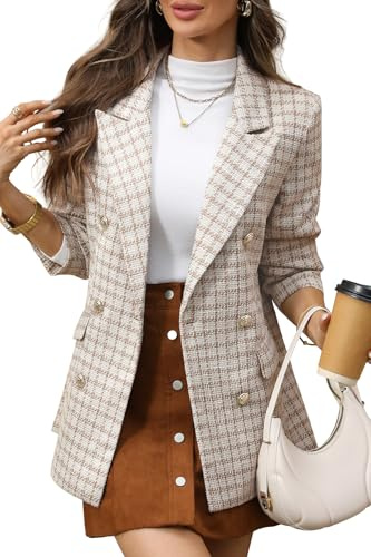 ELLEVEN Tweed Blazers for Women Oversized Plaid Double Breasted BottonsBlazer Dress for Women Boyfriend Business Casual Outfits Spring Work Suit Jackets Professional Clothes Beige Large