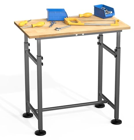 WALMANN Heavy Duty Adjustable Height Workbench 32 x 18, Rubber Wood Top Work Table for Garage, Workshop, 1500 lbs Load Capacity
