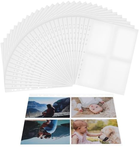 VILLCASE Fundas Protectoras para Tarjetas Coleccionables A4, Hojas de Carpeta Doble Cara 4 Bolsillos por Página, 30 Fundas Transparentes de Pp para Álbumes, Fotos y Cartas de