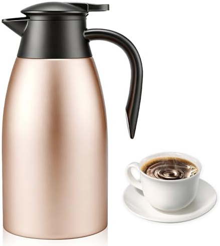 Behogan Termo de 2 litros, jarra térmica, aislamiento al vacío de doble pared, jarra de café aislada con asa y boquilla, cafetera, dispensador de café para caliente y frío (color oro rosa)
