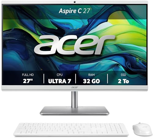 acer Aspire C 27, 27 Pouces Full HD Tout-en-Un, Intel Core Ultra 7 155U 12 Coeurs, 32 Go RAM, 2TB SSD, Intel Graphics, Windows 11 Home, Blanc