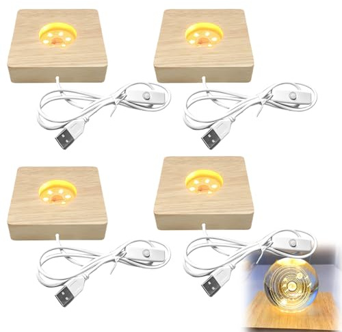 Behogan 4 Stück LED Holzsockel, Rechteck Holz Leuchten Ständer USB led-Lichter sockel, 3 Farben Holzbeleuchtung Einstellbar Holz LED Lichtsockel für Kristallkugeln, Glas, Schmuck, Acryl und Harz