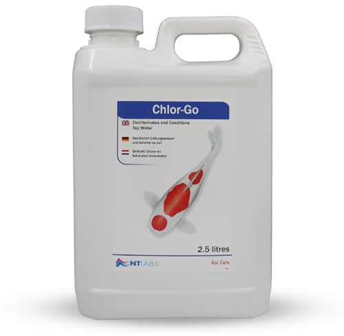 NT Labs Koi Care Chlor-Go Dechlorinator (2.5L) | Fast chlorine remover neutralises harmful tap water chloramine and toxic heavy metals during pond water changes.
