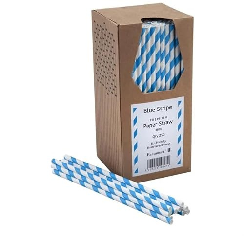 Beaumont Blue & White Stripped Paper Straw Bore 8Inch/6mm (250 Pack) - Compostable Drinking Straw 210mm Length, Ideal for Smoothies, Milkshake, Cocktails | Compostable design breaks down naturally, serving smoothies or milkshakes sustainably in catering environments.