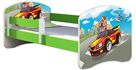 ACMA Kinderbett Jugendbett mit Einer Schublade und Matratze Grün mit Rausfallschutz Lattenrost II 140x70 160x80 180x80 (03 Racing Car, 160x80)