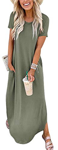 ANRABESS Womens Summer Maxi Dress Short Sleeve Casual Loose Long T Shirt Dresses Split Vacation Beach Sundress Travel Outfits Olive Large