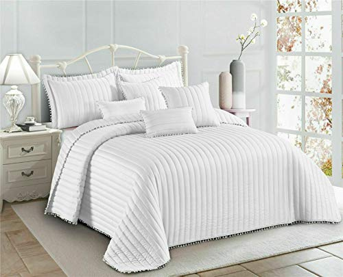 PRIME LINENS 3 Piece Quilted Bedspread Embossed Pattern Comforter Bedding Set Bed Throw with Pillow Shams (Pom Pom White, King)