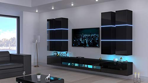 Furnitech Wohnwand Wohnzimmer | LED RGB - 16 Farben | Modern Hängend | Schrankwand mit Regalen und TV-Schrank