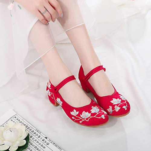 LGYKUMEG Vintage Embroidered Shoes,Chinese Shoes,Low-Top Embroidered Square Dance Shoes Oxford Sole,Handmade,Red,40