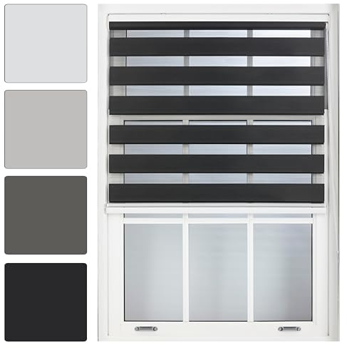 FURNISHED Day and Night Roller Blinds - Zebra Blind Dim or Translucent Vision Roller Shades for Windows and Doors - Dual Layer Fabric, Black, 55W x 210H cm