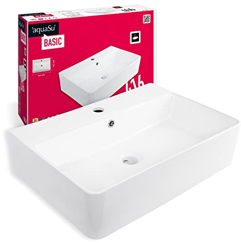 aquaSu® Basic Waschtisch 416 | Waschbecken mit Überlauf und Hahnloch | 60 x 42 cm | Als Hänge-Waschtisch oder Aufsatzwaschbecken | Sanitärkeramik in weiß | 56241 6