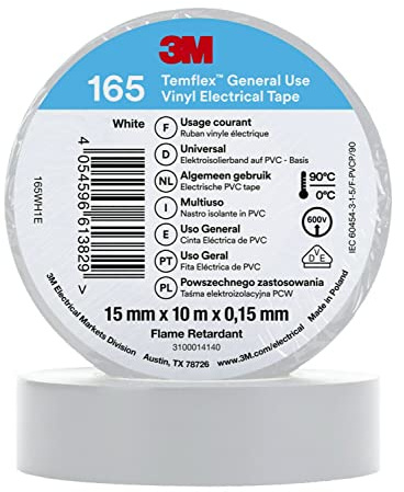 3M Temflex de ruban adhésif en vinyle 165 blanc 15 mm x 10 m, 100 rouleaux