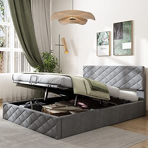 KecDuey Polsterbett,Hydraulisches Funktionsbett mit Lattenrost und Stauraum,Doppelbett Erwachsenen Jugendbett Einfach und elegant (Grau, 140 x 200 cm)