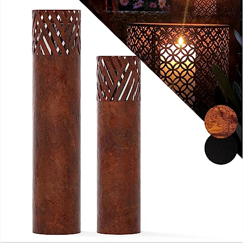 BENTSON Windlichtsäule I 2er Set I Deko-Säule für Garten im Rost Industrial Design I Garten Windlicht für draußen und drinnen I Rost Laterne inklusive Kerzen I Streifen I 95cm + 75cm
