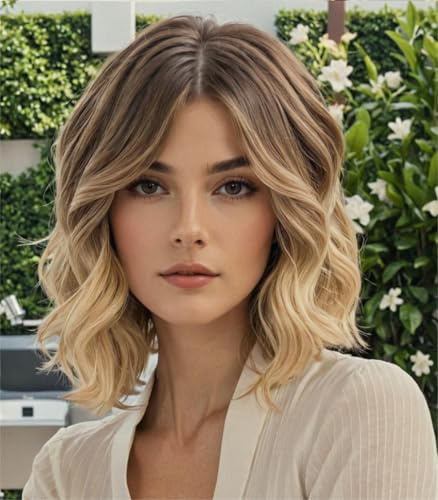 WOKESTAR Bob Lockige Perücke mit Fransen, Kurze Synthetische Gewellte Perücken für Frauen Ash Blonde Farbe